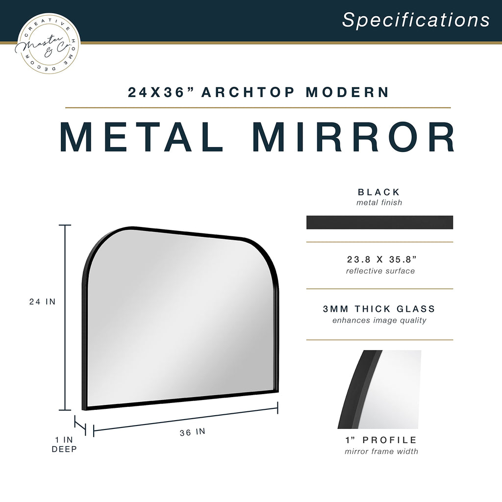 Master & Co. Modern Metal Large Wall Mirror, Minimalist Home Decor Mantle Arch Mirror, or Bathroom, 24 by 36 Inch