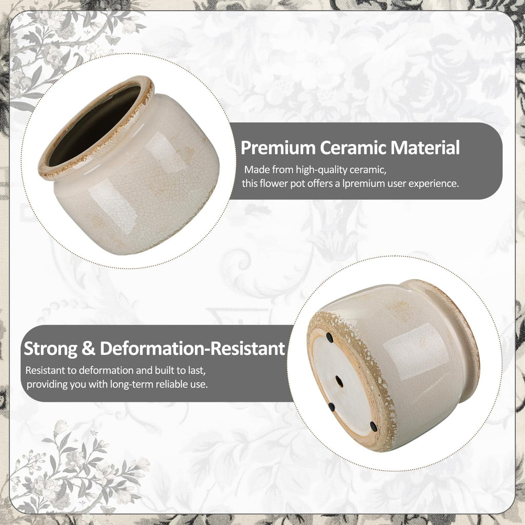 7.7′′ Large Vintage Ceramic Plant Pot Pure Beige Rustic Planter with Ice Crackle Glaze & Drainage Hole for Indoor