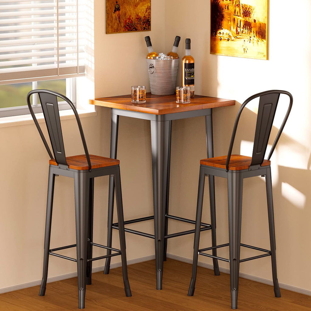 Bar Table and Chairs Set, Pub Table and Chairs Set of 2, with Elm Solid Wood and Thickened Metal Frame, for Bar