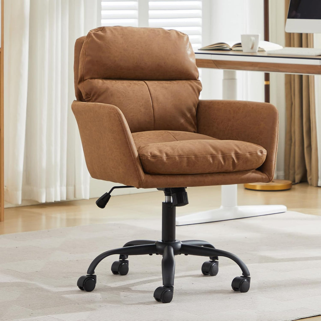 Adjustable Home Office Desk Chair with Comfy Square Mid-Back, Faux Leather 360 Swivel Upholstered Task Armchair with