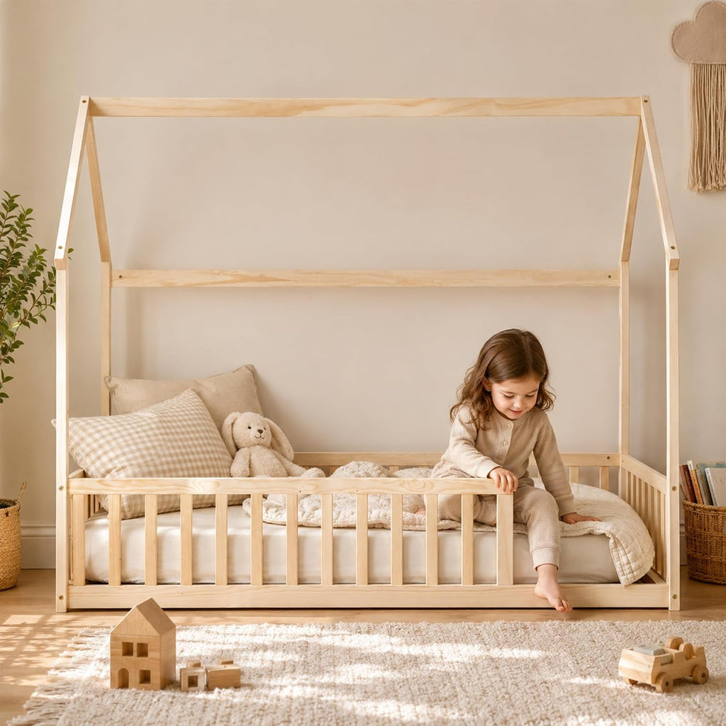 Tw Floor Bed with Roof and Guardrails, No Box Spring, Natural | Pine wood kids floor bed with low design, guardrails