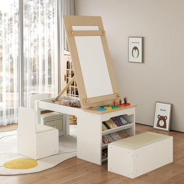 3 in 1 Kids Art Table and Chair Set, Art Desk & Easel with Storage Drawers