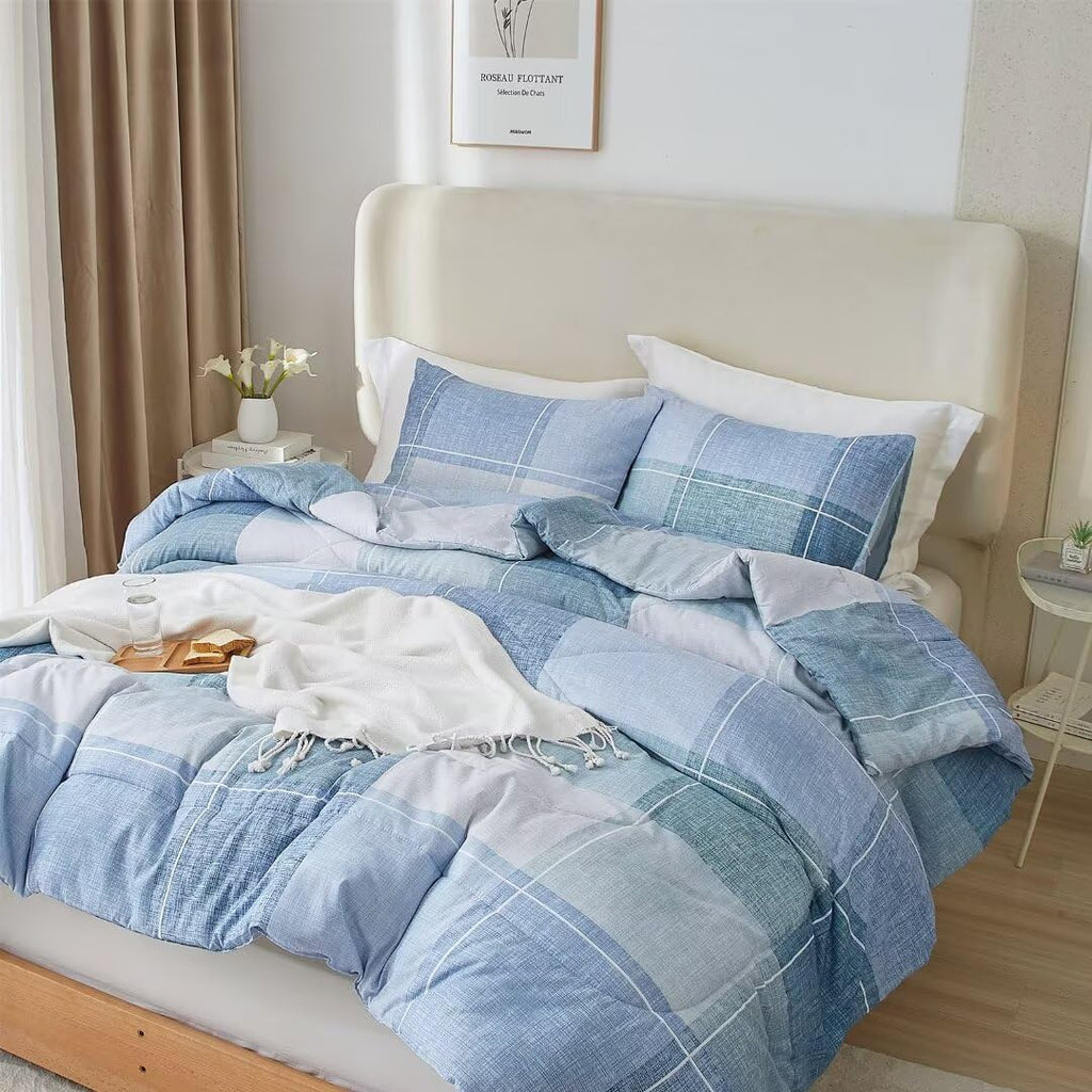 Plaid Comforter Set Farmhouse Comforter Bedding, Blue and White Comforter Grid Buffalo Reversible
