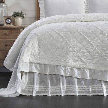 Kathryn California King Ruffled Bed Skirt w/a 16" Drop, Soft White Linen-Look Textured Fabric, Gathered Vintage