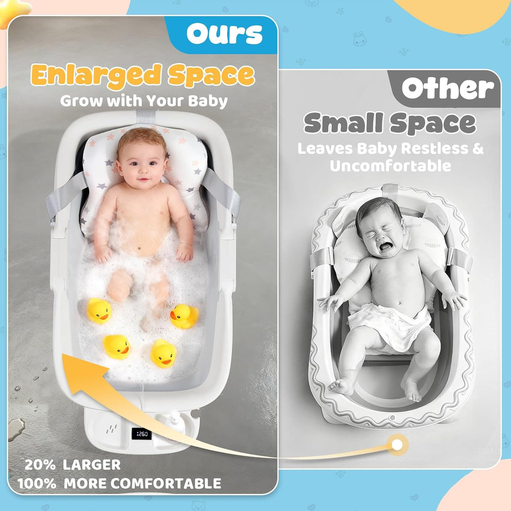 Collapsible Baby Bathtub with Cushion & Thermometer, Large Size,Gray