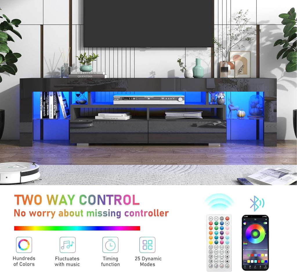 70in LED for 75/80/85 inch TV, Modern Black TV Stands, High Gloss TV Entertainment Center with 2 Large Storage