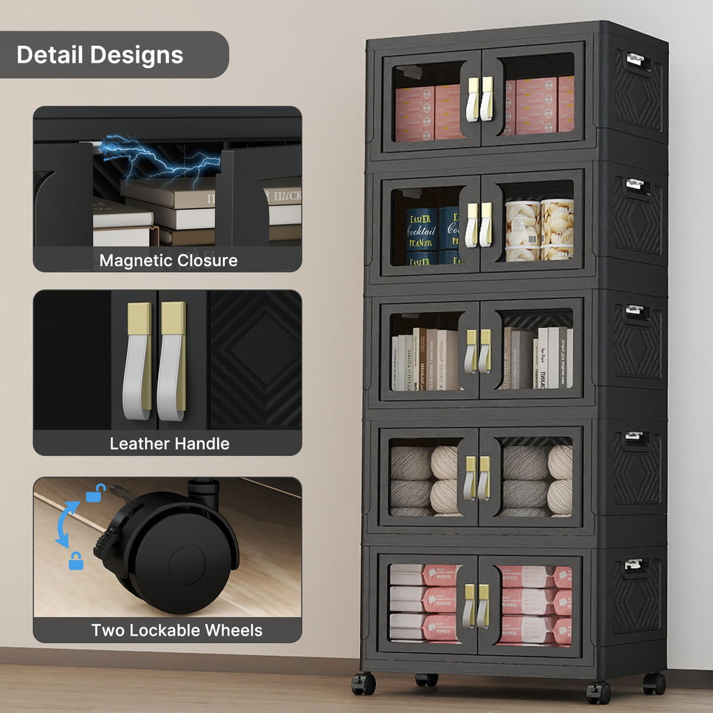 Stackable Storage Bins with Lids, Clear Doors, Large Storage Cabinet Foldable Collapsible Closet Organizers Dorm