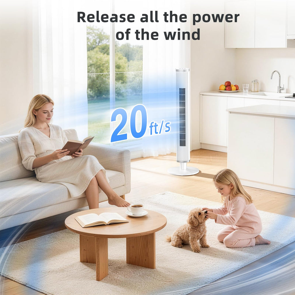 Bladeless Tower Fan with Remote, 6 Speeds, 4 Modes, 24H Timer, 60° Oscillation ,41-Inch,White