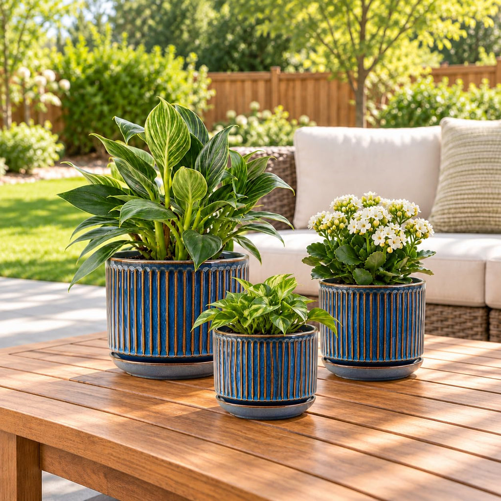 Ceramic Plant Pots Set of 3, 4.3+5.5+6.8 Inch Indoor Outdoor Planters with Drainage Hole and Saucer, Ceramic Flower