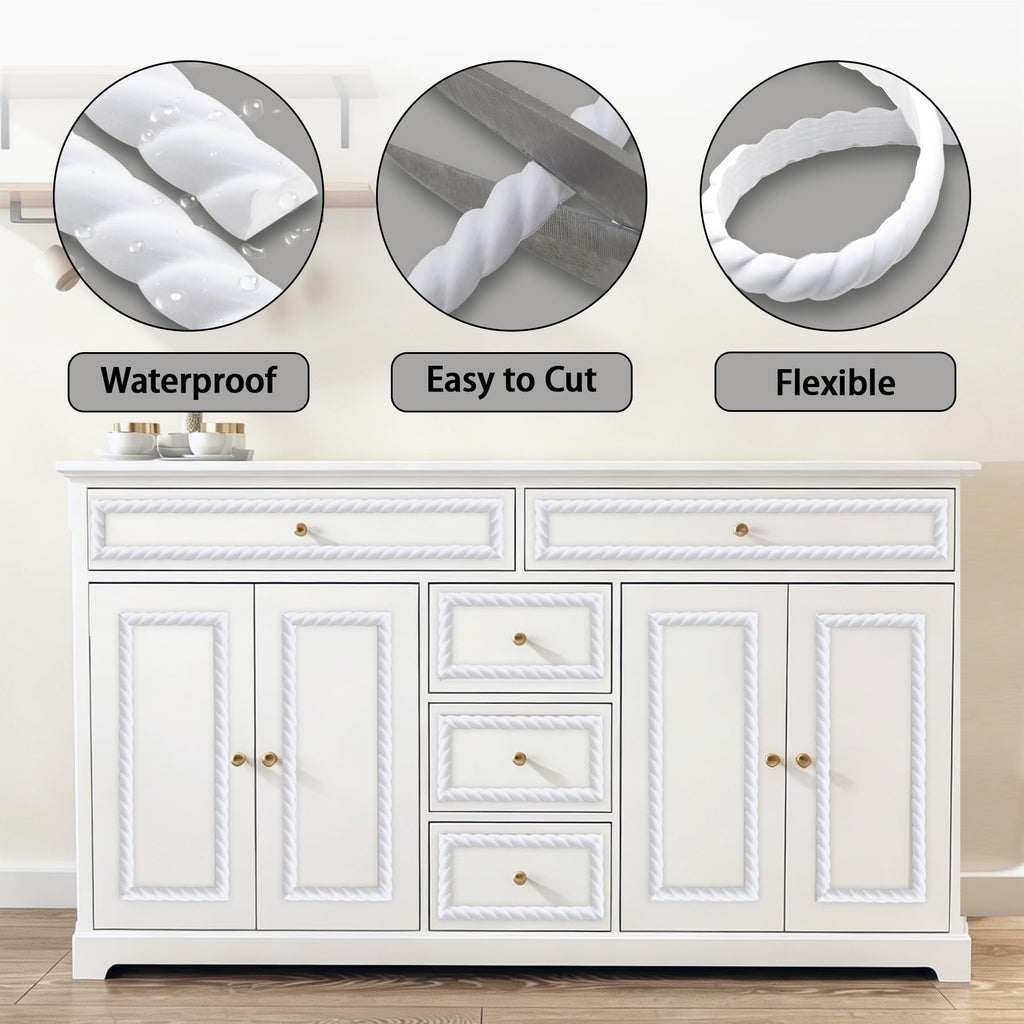 196.8" x 0.79" Peel and Stick Unfinished White Molding Trim with Twisted Rope Moulding, Flexible Decorative Strip
