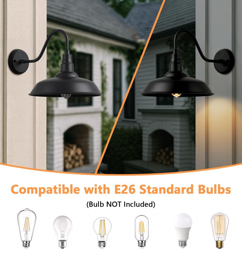 14" Outdoor Barn Gooseneck Lights, Large Farmhouse Fixtures, 2-Pack