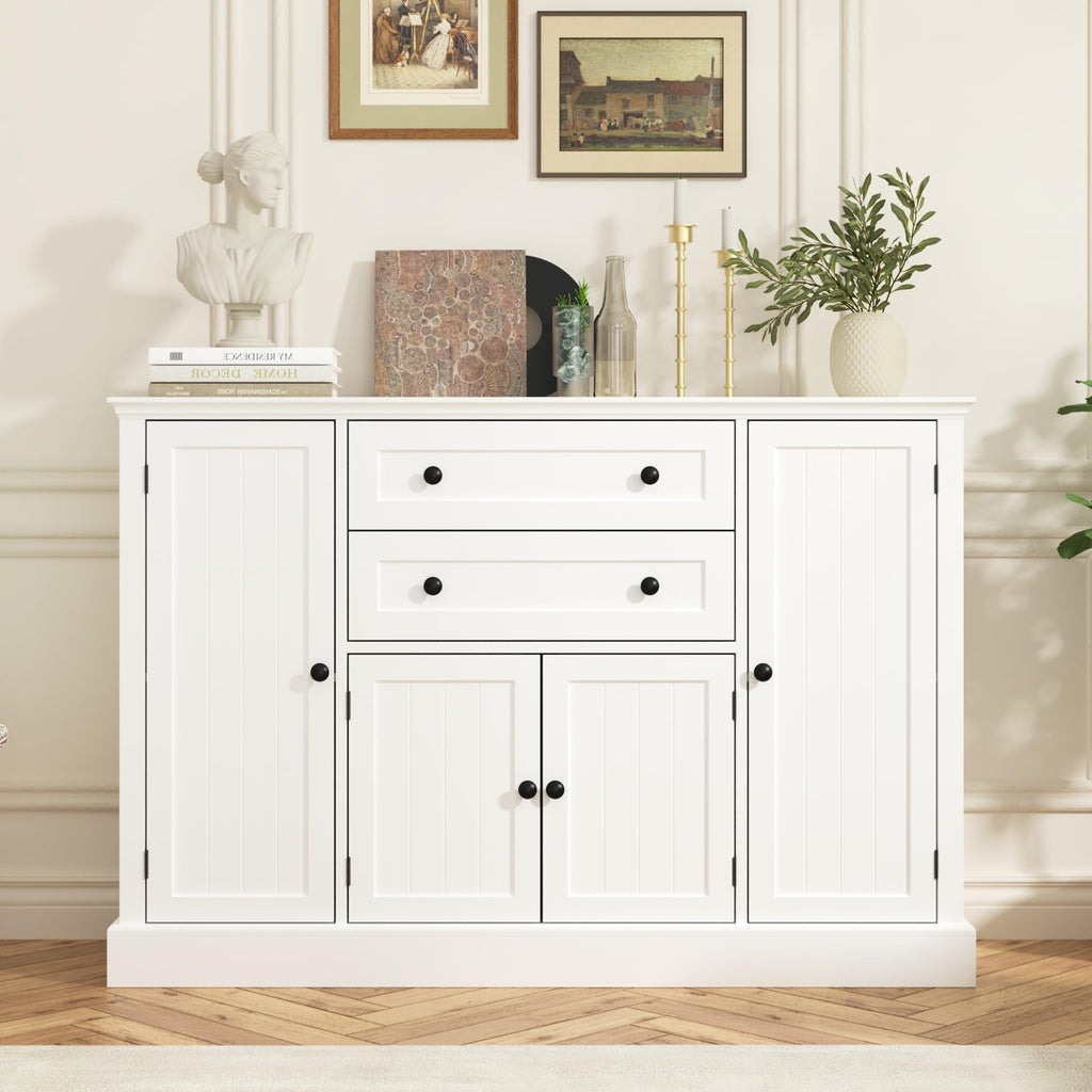 Farmhouse 47" Buffet Cabinet with Storage, Large Sideboard Buffet with Drawers and Adjustable Shelves, Rustic Coffee