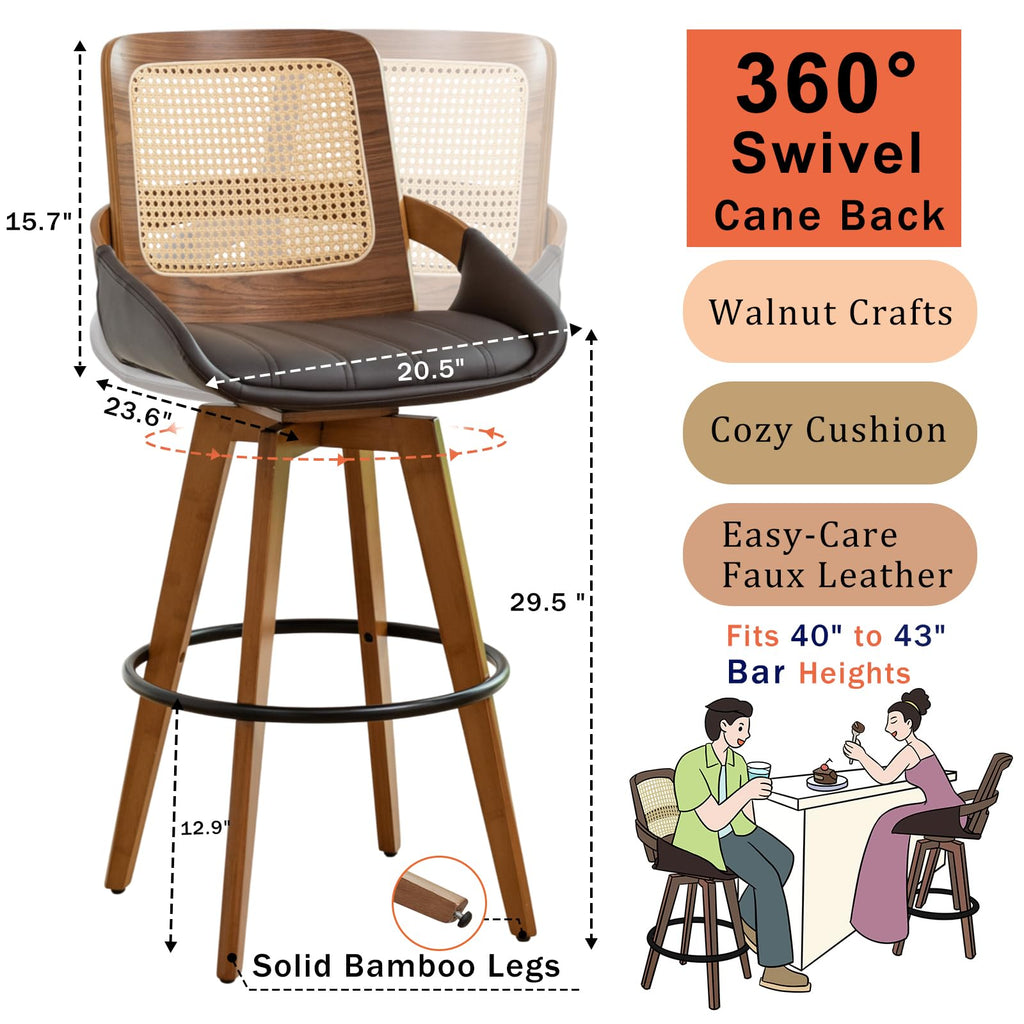 Mid Century Modern Bar Stools - 30 inch Swivel Rattan bar stools with Cane Back, Upholstered Faux Leather, Walnut
