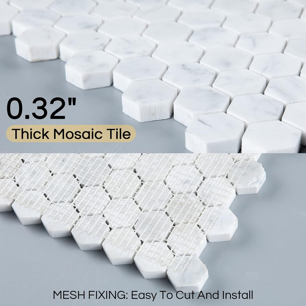 Carrara White Marble Mosaic, Polished Natural Italian Bianco Marble Tile for Shower Kitchen Wall Bathroom Floor, 2