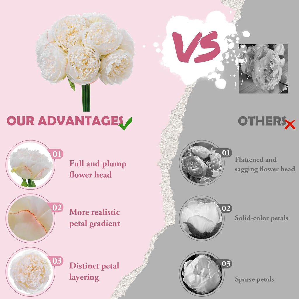 Off White Realistic Silk Peonies Bouquet, Waterproof & UV Resistant Faux Peony Flowers, All-Weather Artificial - Set of 10