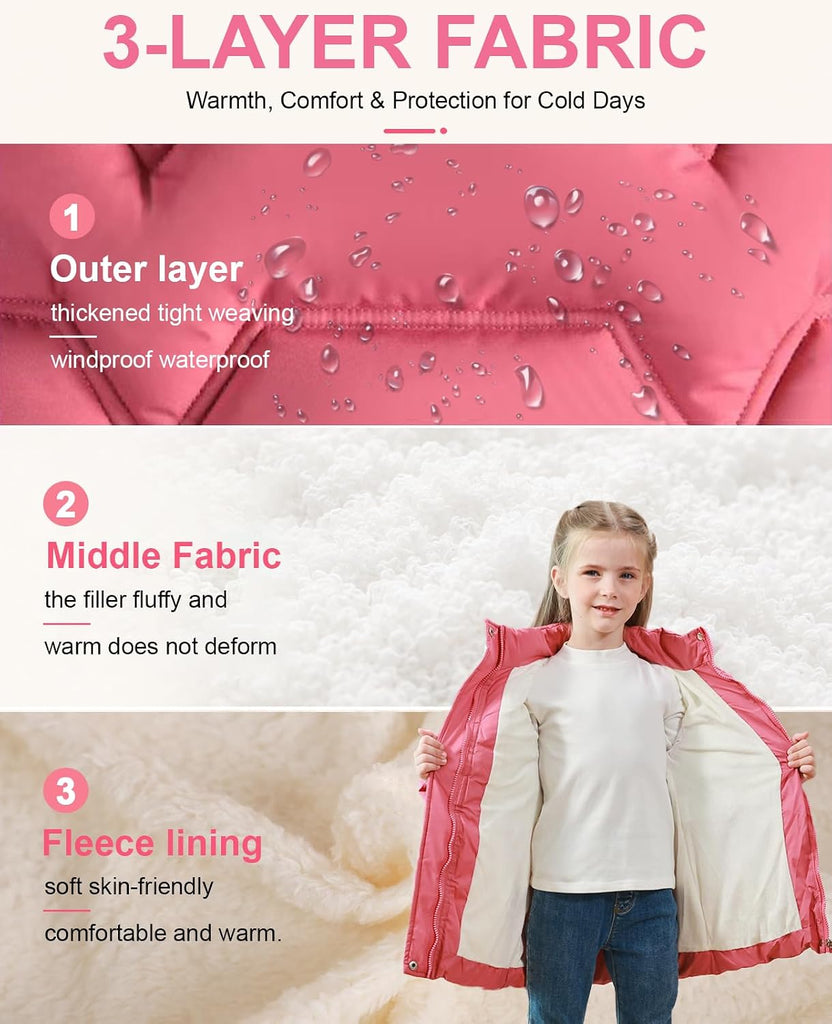 Toddler Girls Heavy Winter Coat, Waterproof Puffer Jacket Hood
