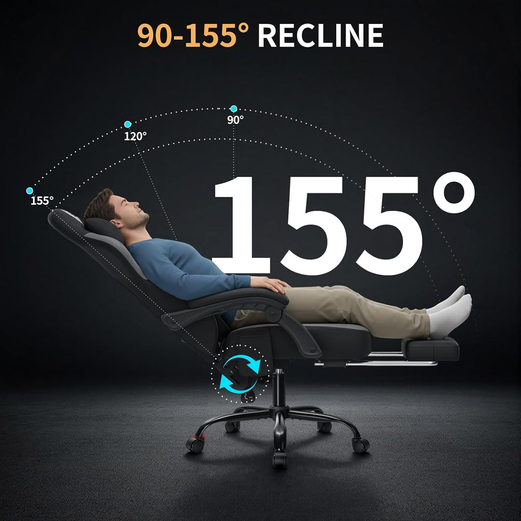 Gaming Chair with Shiatsu Kneading Massage Heated Computer Desk Chair Black | 155° Recliner with Footrest;Height