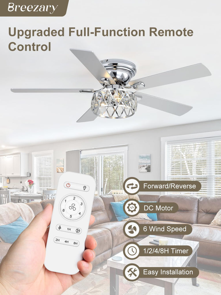 52 Inch Flush Mount Ceiling Fans with Lights and Remote, 5-Blade, 6-Speed Reversible DC Motor, Modern Low Profile