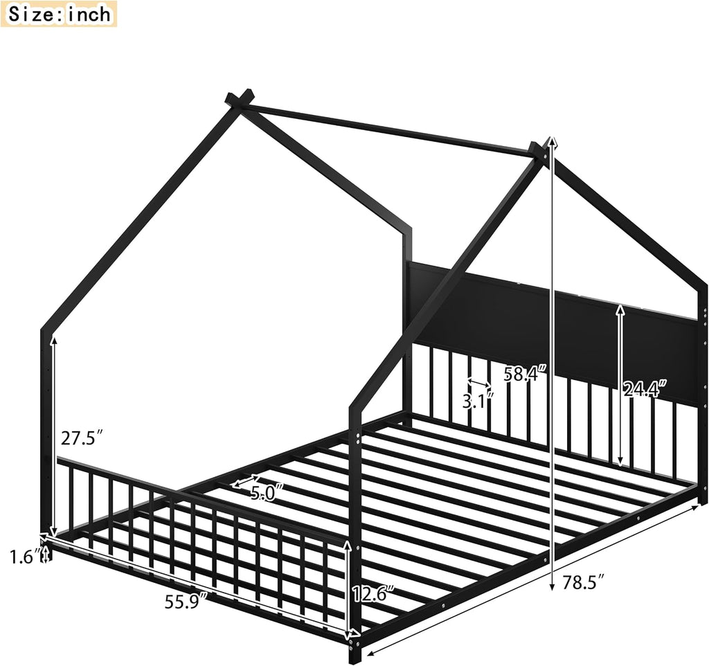House Floor BedFrame with Slats for Kids, Metal House Bed with high headboard, Black with roof and Lights