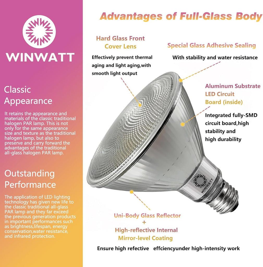 LED Light Bulbs PAR38 Full Glass, 27W=300W Equivalent 4000 Lumens Ultra Bright 20000 Hours Classic Flood Light Bulbs