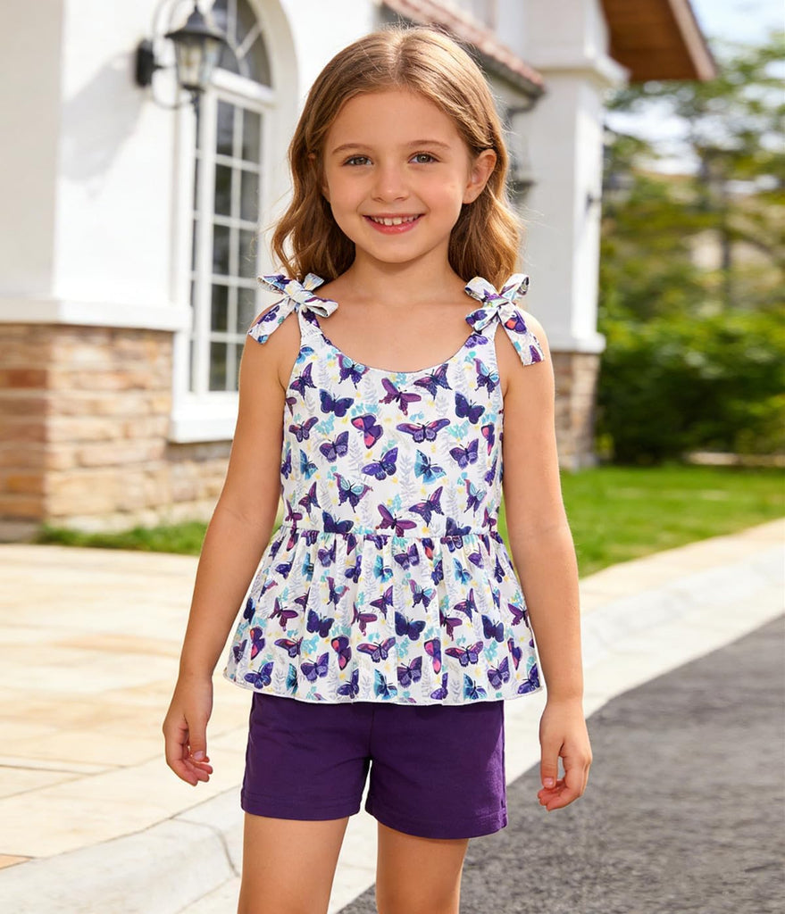 Toddler Girls Clothes Summer Short Set Outfit Tie Knot Shoulder Sleeveless Ruffle Tops and Shorts 2PC Clothing Set