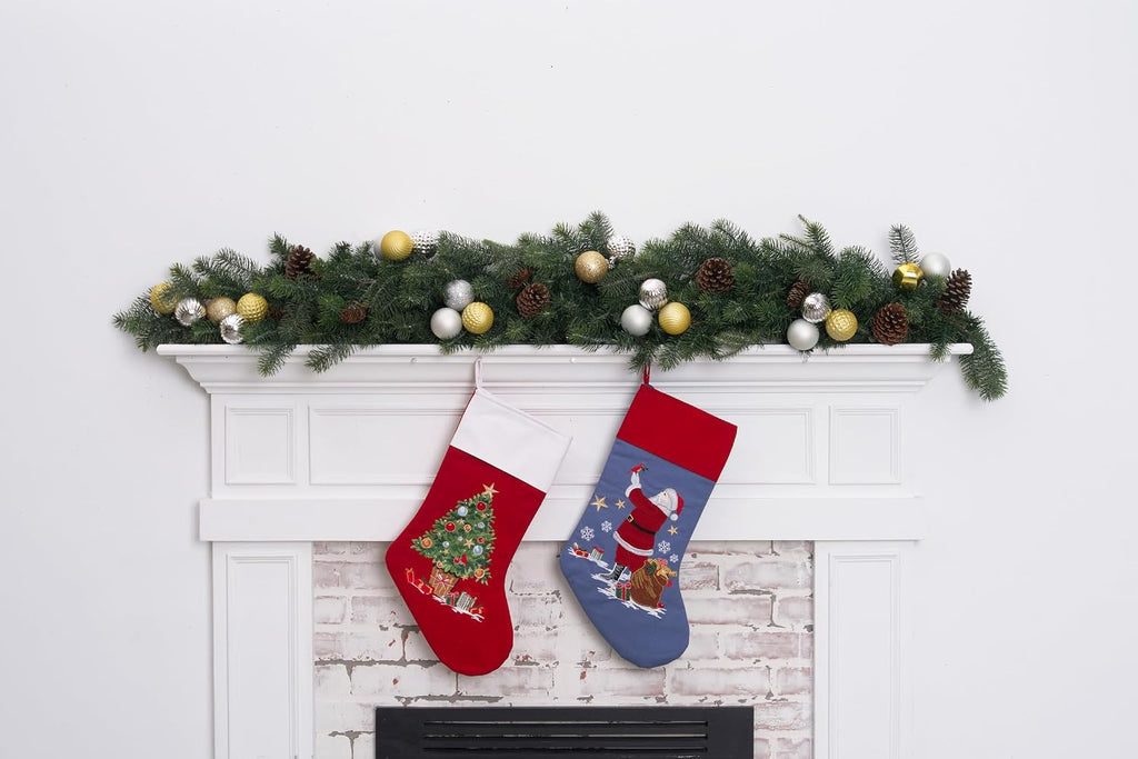 Tree & Presents Embroidered 100% Cotton Hanging Christmas Stocking 20"
