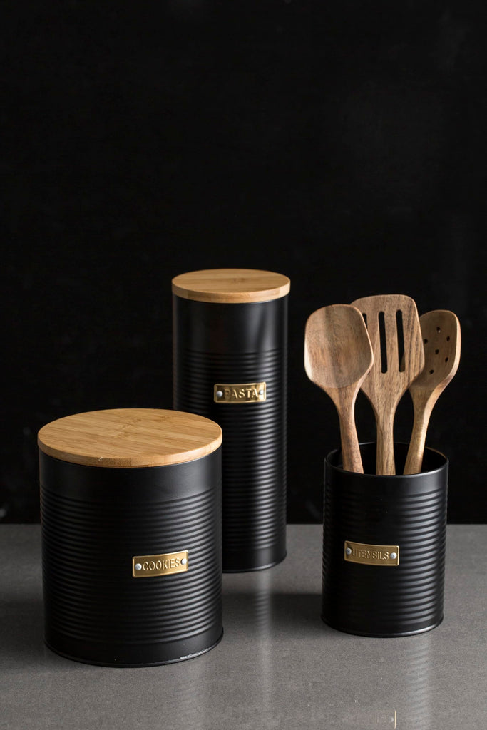 Living Otto Airtight Tea Storage Canister with Bamboo Lid, 1.4 Litre, Matte Black/Gold