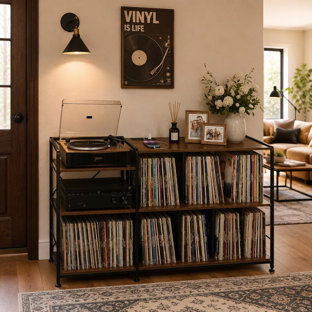 50 Inch Large Record Player Stand with vinyl Storage, Walnut