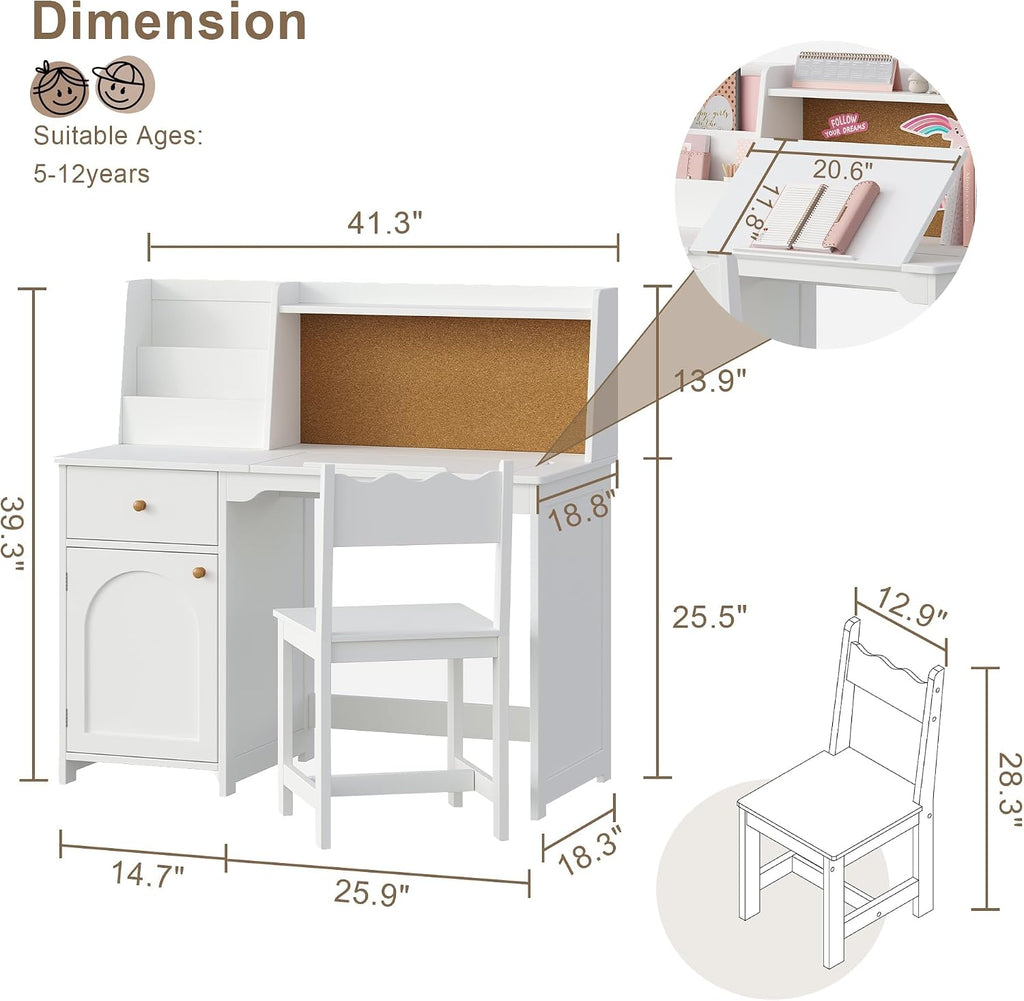 Kids Study Desk and Chair Set with Tiltable Desktop for 5-12