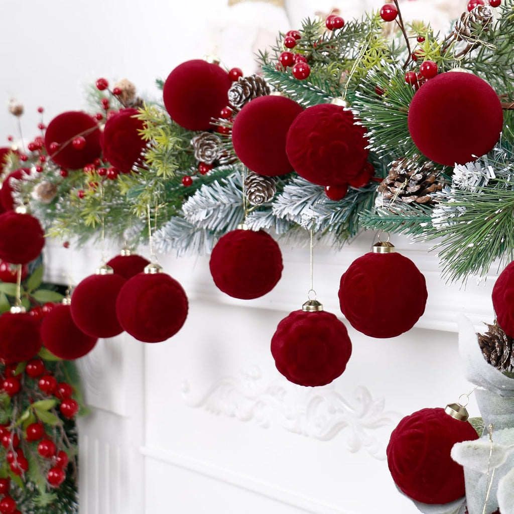 Burgundy Velvet Christmas Ornaments Decorations - Set of 30