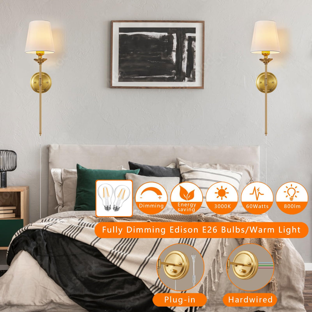Dimmable Plug in Wall Sconces Set of 2, Gold Bedside Wall Lamp with Knob Dimmer Switch and 6.5FT Electric Cord, Mid