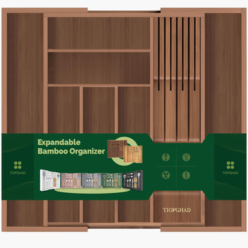 Expandable Bamboo Silverware Organizer with Knife Block, Brown