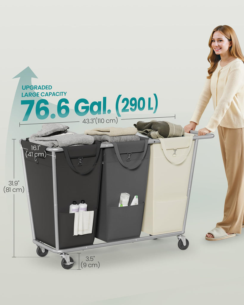 3-Section Laundry Basket with Wheels, 76.6 Gallons (290 L) Hamper