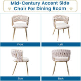 KCC Modern Velvet Dining Chairs Set of 2, Upholstered Living Room Chair with Woven Back and Golden Metal Legs