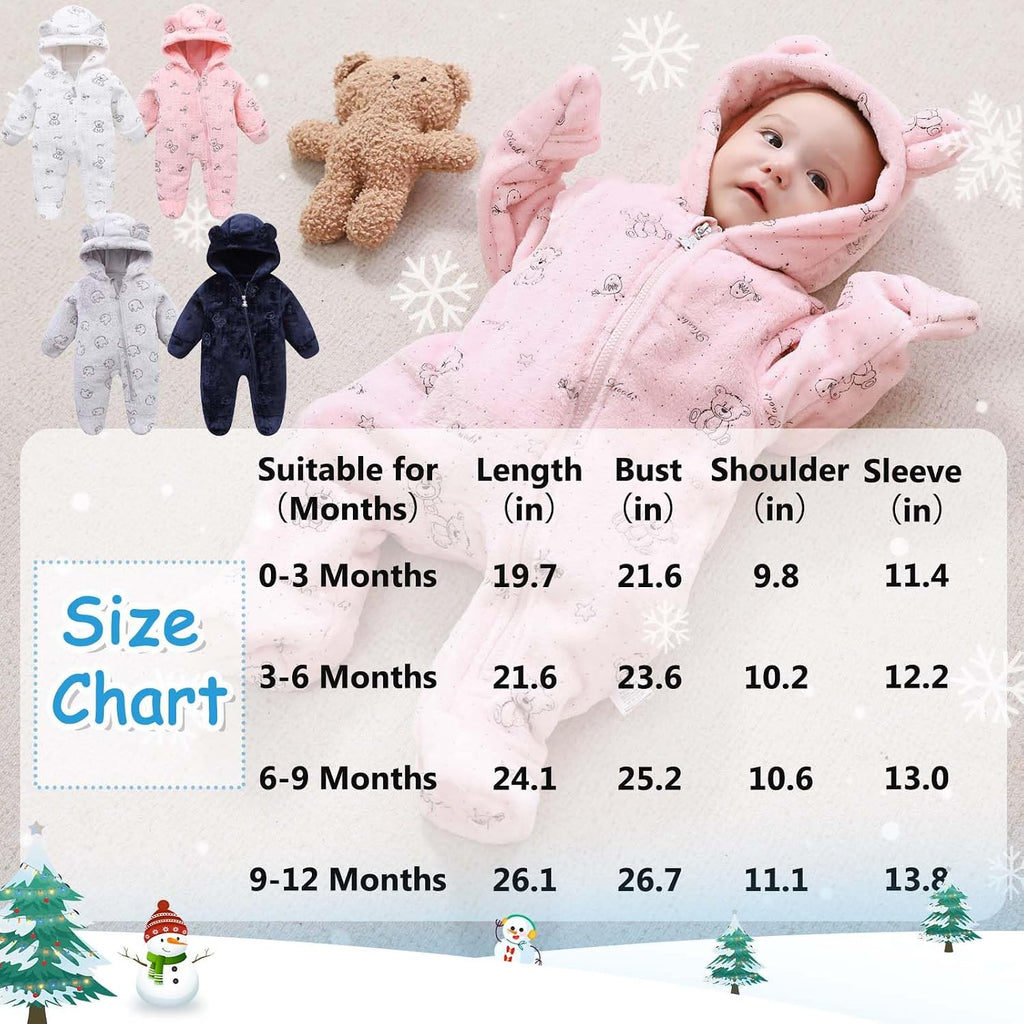 Baby Bear Suit Thin Fleece Footie Romper Snowsuit Hooded Jumpsuit Bodysuit Winter Clothes Boy Girl