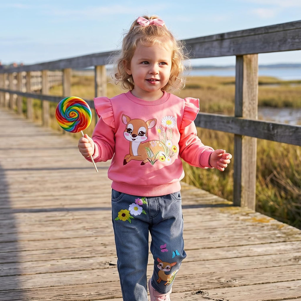 Toddler Clothes for Girls,2 Piece Animal Sweatshirt and Jeans