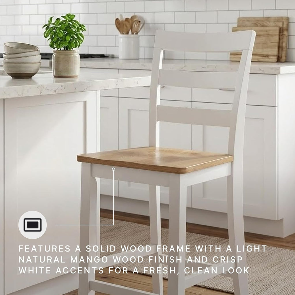 Gesthaven Solid Wood Frame Counter Height Barstool, Set of 2, White/Natural