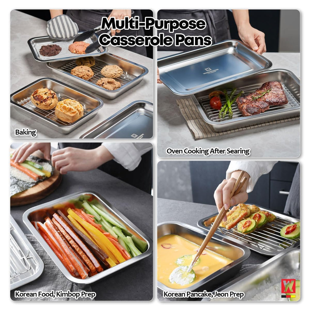 Stainless Steel Food Prep Container with Rack & Lid (Tray), 4.54Quarts, Catering Pans, Restaurant Pans, Buffet Party