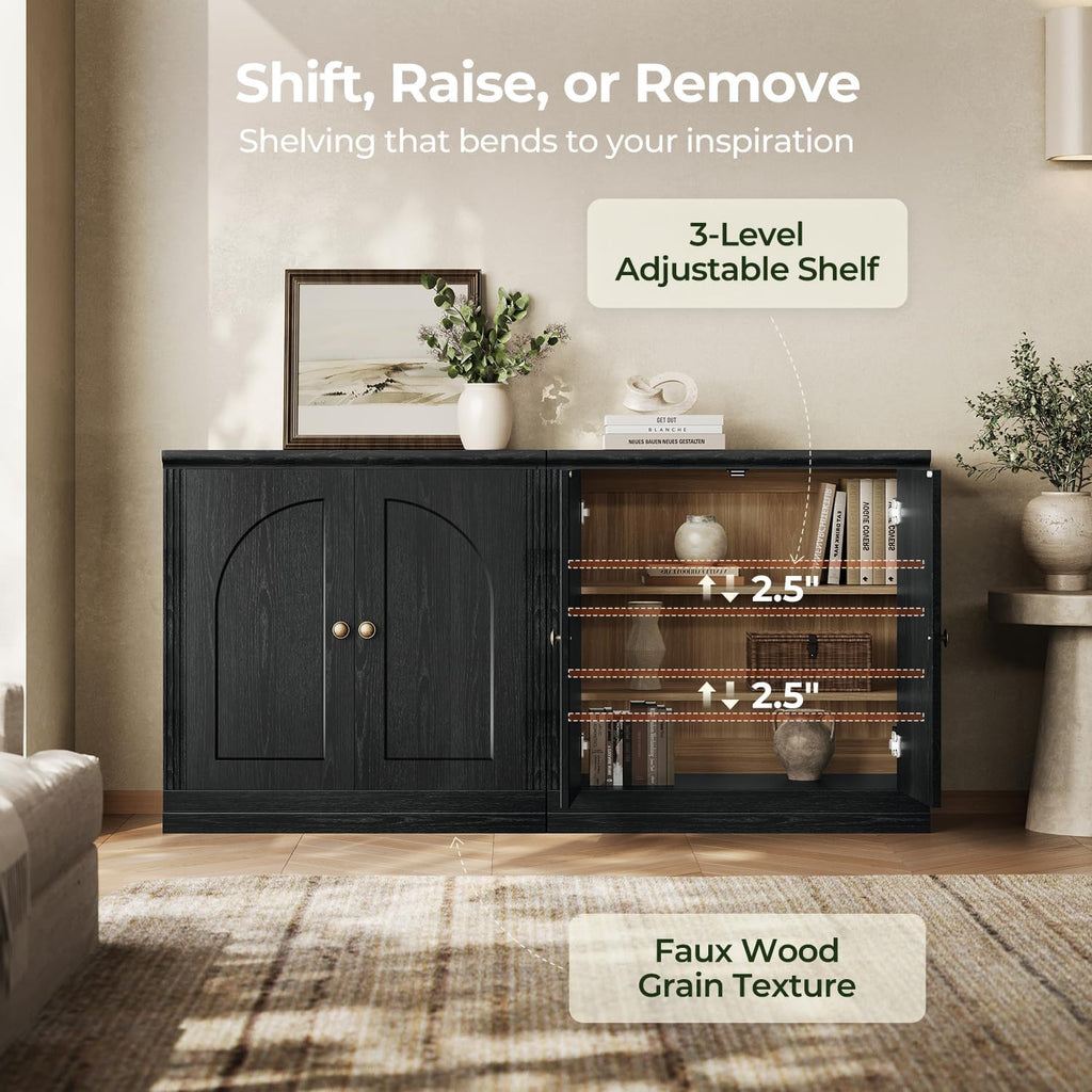 Monos 95" Storage Cabinet Set of 3 with Doors & Shelves, Modular Fluted Accent Arched Sideboard Buffet Cabinet