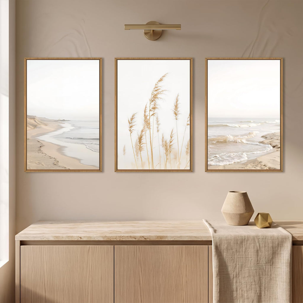 Modern Beach Waves Framed Wall Art Set, Seaside Reed Pathway Wall Decor, Minimalist Neutral Coastal Landscape
