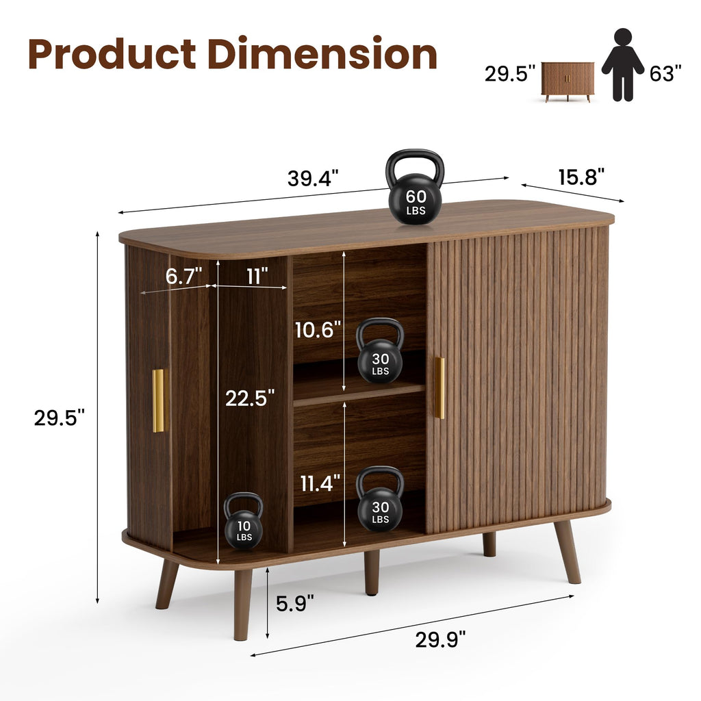 40" Sideboard Buffet Cabinet with Storage & Sliding Door, Walnut