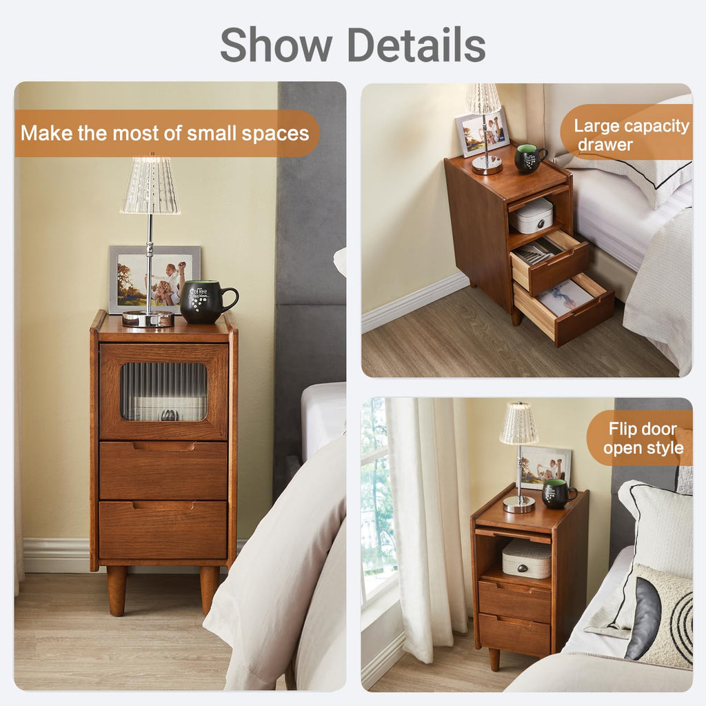 Solid wood Nightstand, Glass Door Storage Cabinet with 2 Drawers Walnut