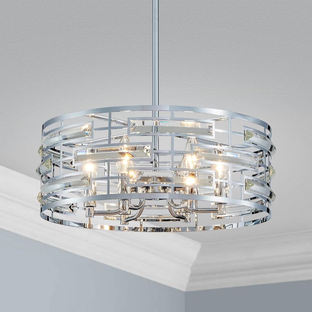 Modern K9 Crystal Chandeliers, Drum Pedant Light Fixture for Living Space, D18 x H24, Adjustable Chains 59", Chrome Finish Metal Frame A100-B0BW12HWLJ