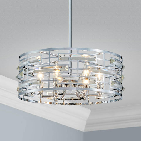 Modern K9 Crystal Chandeliers, Drum Pedant Light Fixture for Living Space, D18 x H24, Adjustable Chains 59", Chrome Finish Metal Frame A100-B0BW12HWLJ