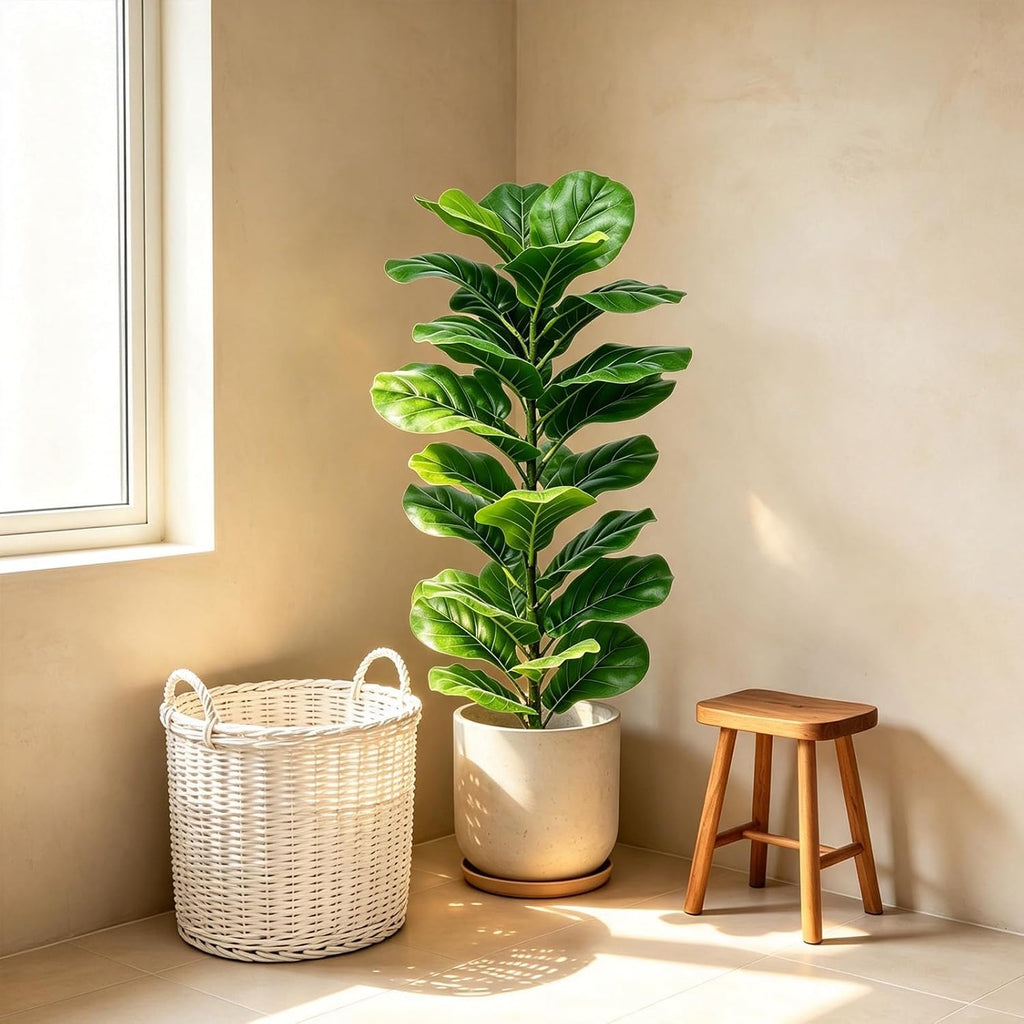 40'' Faux Fiddle Leaf Fig Trees, Faux Trees Indoor Floor Plant, Fake Trees with Green Turf, Faux Plants Indoor - Set of 2