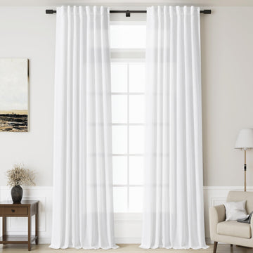 White Linen Curtains 123 Inches Long Extra Long Back Tab Curtains Farmhouse Semi Sheer Light Filtering Linen Drapes
