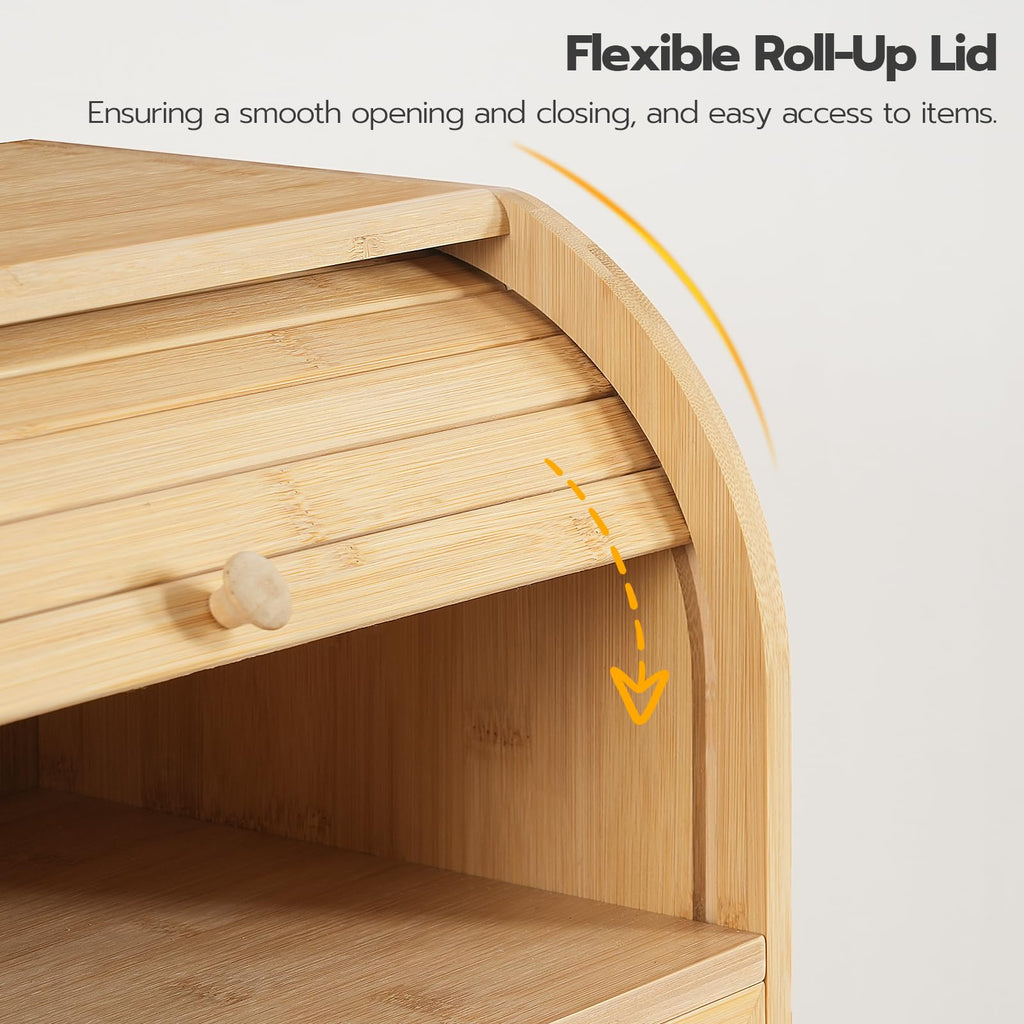 Bamboo Countertop, 2 Tier Roll-Top Bread Bin, Food Storage Box, Large Capacity Keeper, Wooden Storage Cabinet