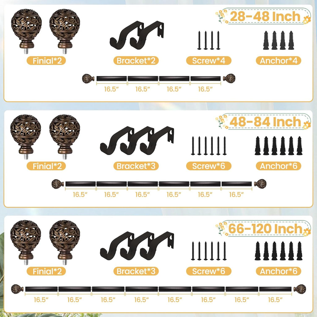 Curtain Rods For Windows 28 to 48 Inches, 1 Inch Heavy-Duty Adjustable Decorative Curtain Rods With Branches Leaves