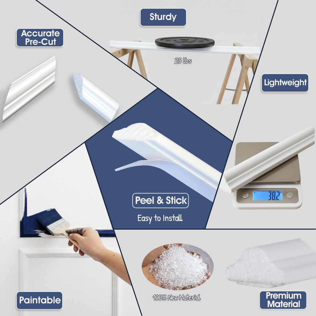 Set of 3 Peel and Stick Wall Molding Kit, Pre Cut Wainscoting Panels