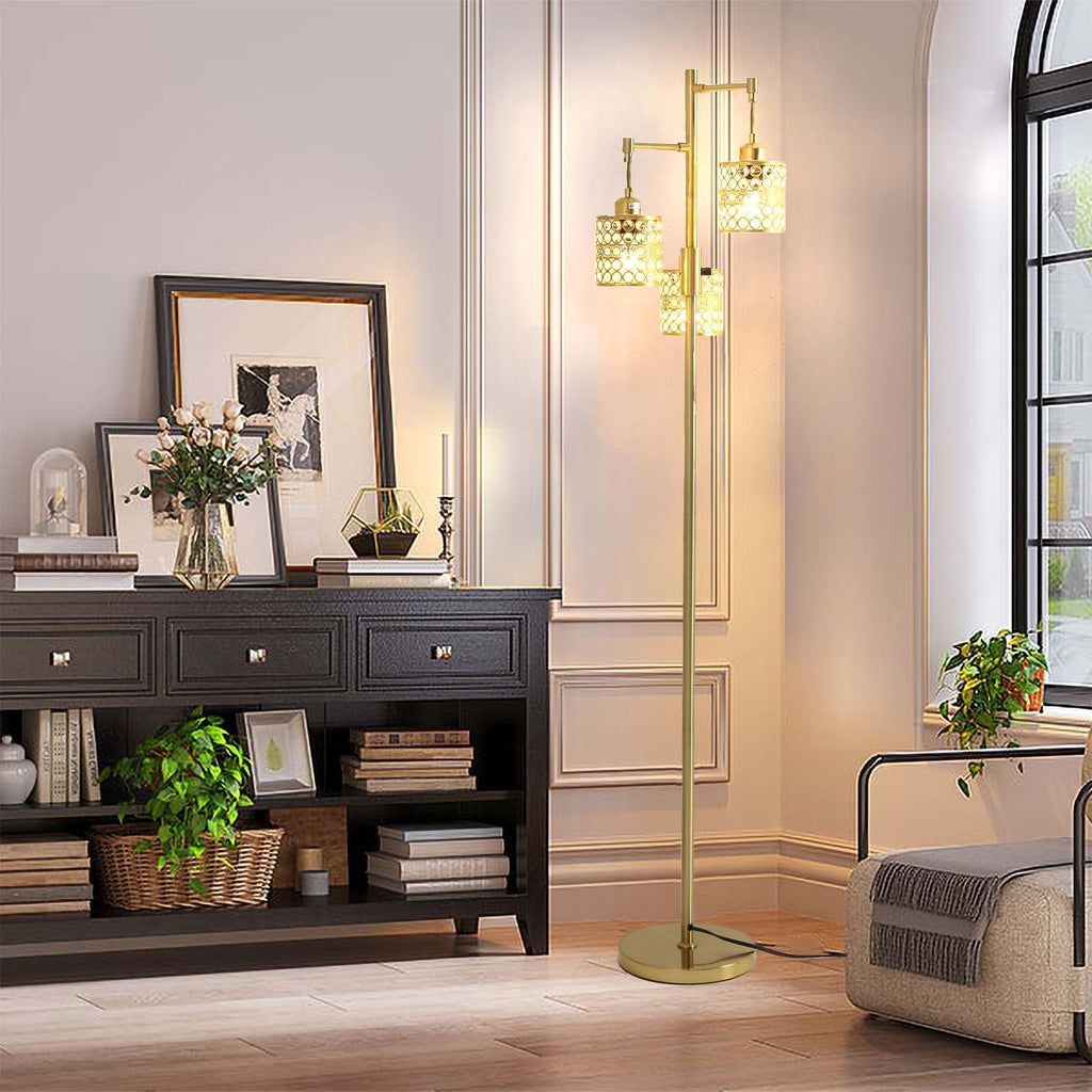 Industrial Floor Lamp, Dimmable Floor Lamp, Gold Tree Lamp Standing Lamp Tall Pole Lamps with 3 Elegant Crystal